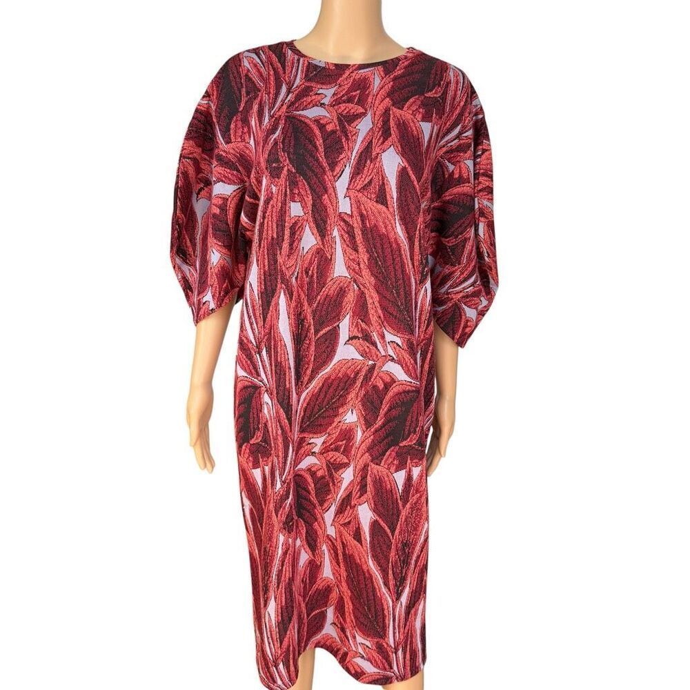 Zara Jacquard Palm Leaf Print Knit Red Midi Dress Size M